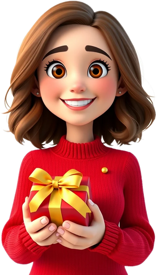 Lou tient un cadeau rouge noué d'un ruban jaune